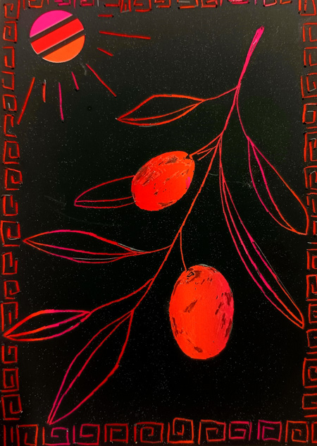 Kratzbild mit Ornamenten und Olivenzweigen