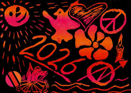 Buntes Kratzbild mit 2026 und verschiedenen Ornamenten