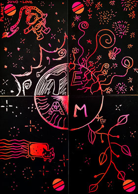 4 Karten zusammengefügt zu einerm Bild mit einem Kreis in der Mitte, darum herum ein Astronaut, eine fliegende Katze und Äste