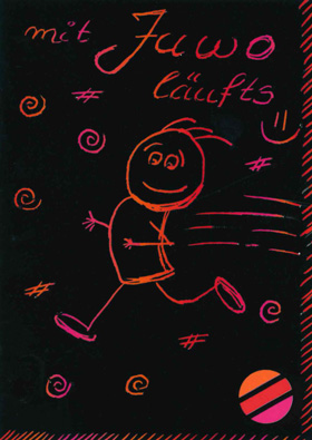 Ein laufendes Strichmännchen mit der Aufschrift: Mit Juwo läufts