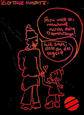 Zeichnung von Vater und Kind mit dem Text: Papa, manchmal nerven Deine Depressionen.. der Vater sagt: Schön, dass du das sagst