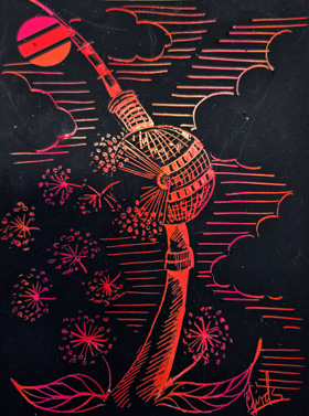 Berliner Fernsehturm, der halb eine Pusteblume ist