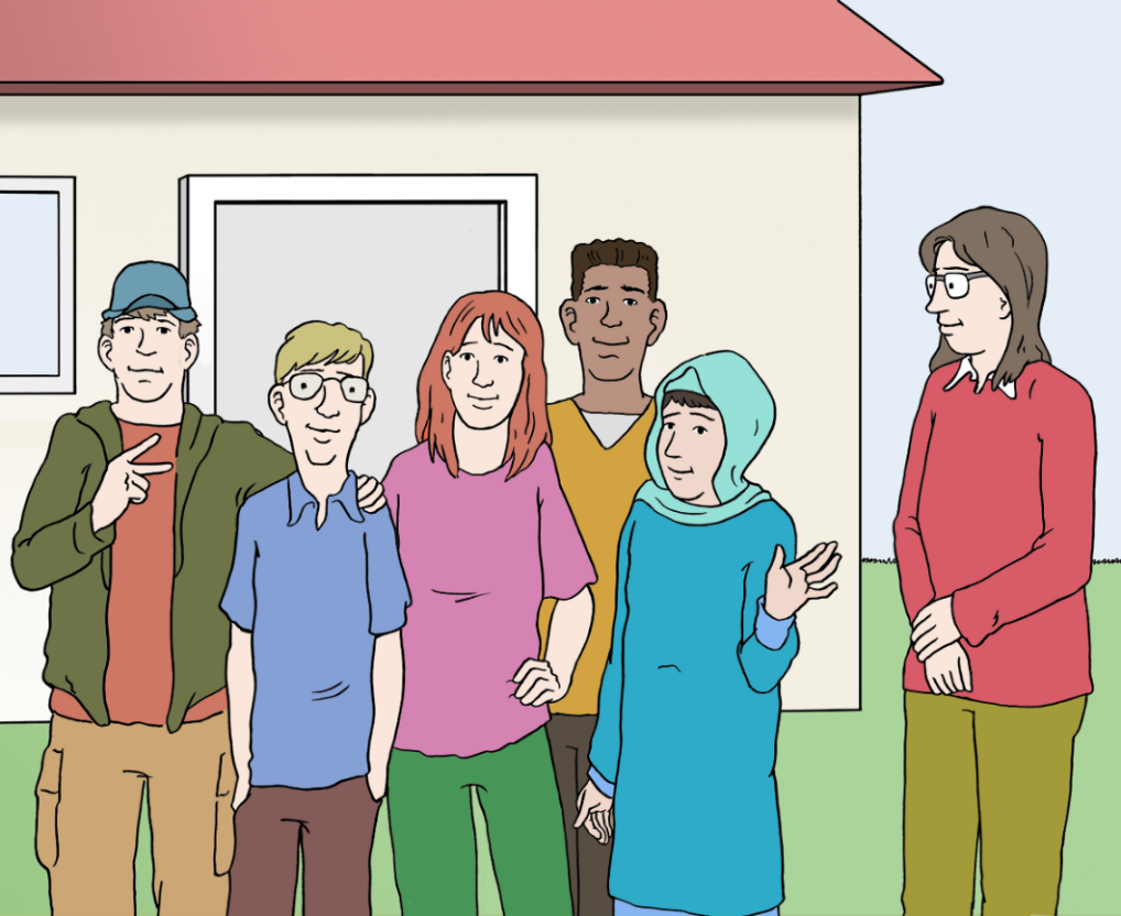 eine Gruppe von jungen menschen steht vor einem Haus, ein mädchen trägt Kopftuch