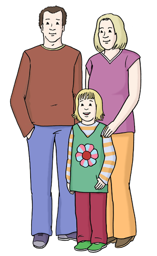 Vater Mutter und Kind stehen zusammen, Kind trägt Pulli mit Blume