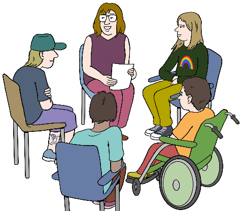 4 Personen sitzen im kreis, zwei Jugendliche, e weitere Person im Rollstuhl sie sprechen gemeinsam