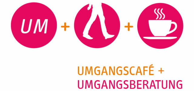 3 pinke Kreise, im ersten Buchtsaben UM, im zweiten eine laufende weiße Figur, im dritten eine weiße Kaffeetasse