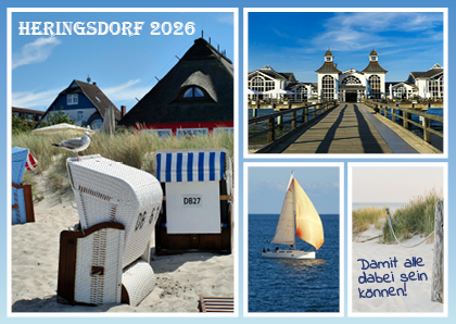 Postkarte mit vier Bildern. Zu sehen sind der Strand Heringsdorf, Strandkörben, Segelboot und die Seebrücke.