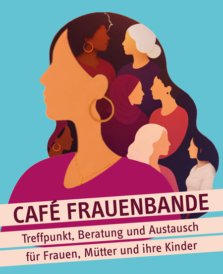 Frau im Vordergrund in ihrem Haar sind andere Frauen abgebildet, Hintergrund blau
