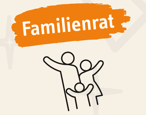 Vater, Mutter, Kind als Illustration schwarz mit orangenem Balken über Köpfen, Familienrat