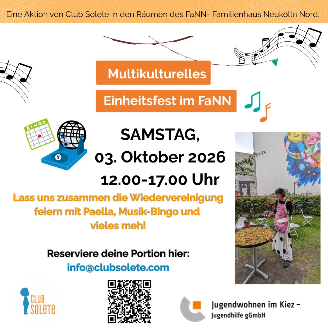 Poster zur Ankündigung des Multikulturellen Einheitsfestes im Familienhaus Neukölln Nord